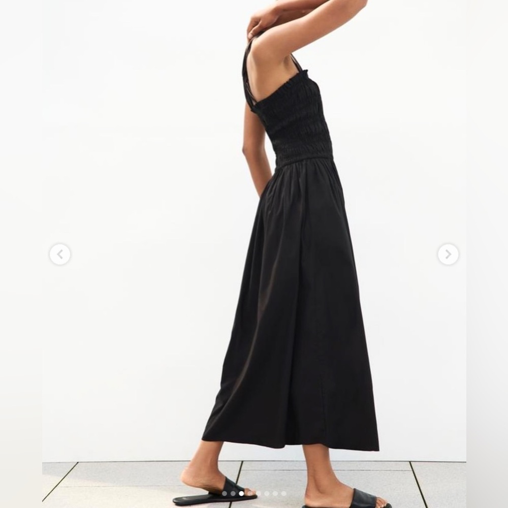 ZARA Topstitched Black Midi Dress with Pockets 100% Cotton Size M NWT - Picture 3 of 15